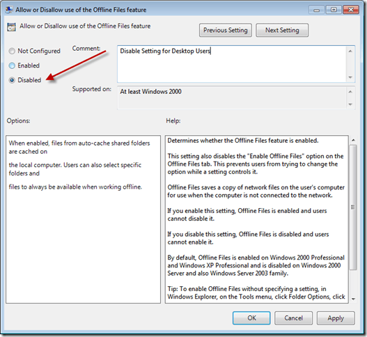 Offline Files Policy Edit
