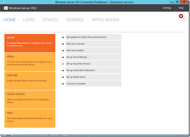 Windows Server 2012 Essentials Dashboard