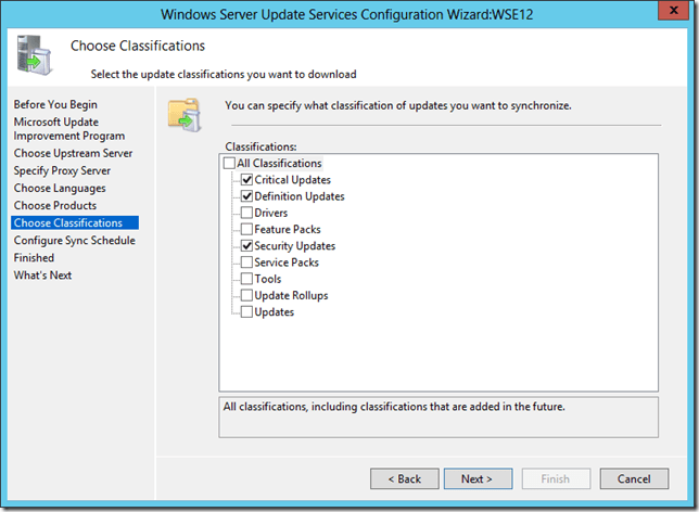 Enable WSUS on Server 2012 Essentials Classifications