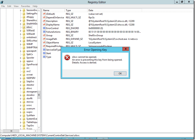 Registry Access Denied to SILSVC