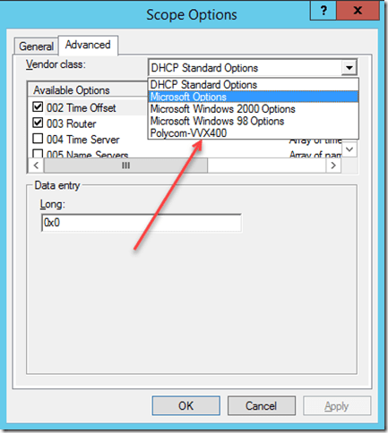 DHCP Scope Option Vendor Class