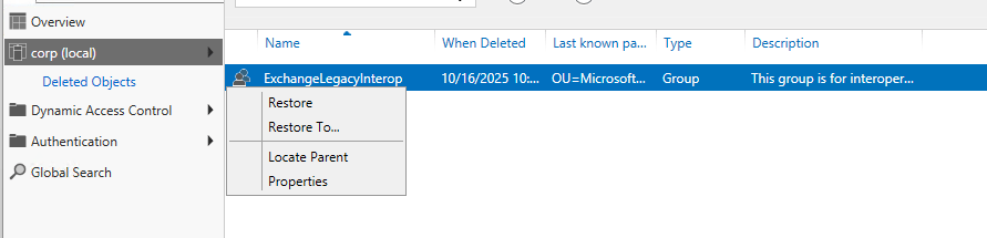 Restore using AD Recycle Bin